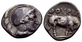 LUCANIA. Thourioi. Circa 443-400 BC. Triobol (Silver, 12 mm, 1.09 g, 9 h). Head of Athena to right, wearing crested Attic helmet ornamented with wreat...