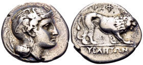 LUCANIA. Velia. Circa 365-340 BC. Nomos (Silver, 21 mm, 6.82 g, 5 h), from the "Θ" group. Head of Athena to right, wearing crested Attic helmet decora...