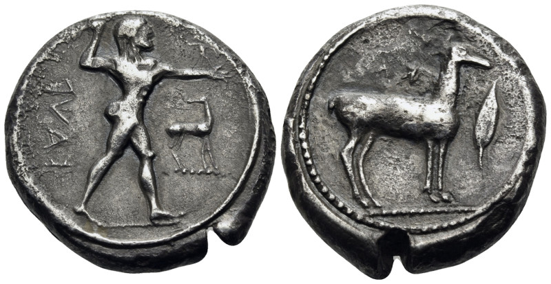 BRUTTIUM. Kaulonia. Circa 475-425 BC. Stater (Silver, 20 mm, 7.70 g, 1 h). Apoll...