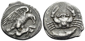 SICILY. Akragas. Circa 420-410 BC. Hemidrachm (Silver, 17 mm, 1.99 g, 8 h). Eagle right, clutching dead hare in talons. Rev. AK-RA Crab; below, fish s...