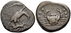 SICILY. Akragas. Circa 420-406 BC. Hemilitron or Hexonkion (Bronze, 26 mm, 11.26 g, 11 h). [AK]P[A] Eagle right, clutching dead hare lying on rock in ...