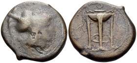 SICILY. Ameselon. Circa 357-340 BC. (Bronze, 27.5 mm, 15.34 g, 9 h). Head of Athena to right, wearing crested Corithian helmet. Rev. Filleted tripod. ...
