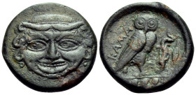 SICILY. Kamarina. Circa 420-405 BC. Tetras or Trionkion (Bronze, 17 mm, 3.88 g, 10 h). Gorgoneion facing. Rev. KAMA Owl standing to right, head facing...