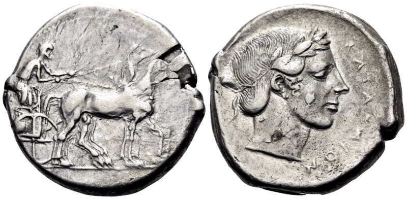 SICILY. Katane. Circa 450-445 BC. Tetradrachm (Silver, 28 mm, 17.15 g, 6 h). Cha...