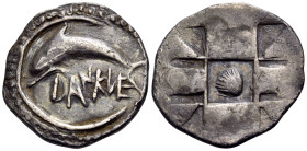 SICILY. Messana (as Zankle). Circa 500-493 BC. Drachm (Silver, 22 mm, 4.86 g, 10 h). DANKLE Dolphin swimming to left within the sickle-shaped harbor o...