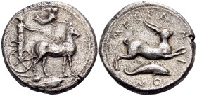 SICILY. Messana. 425-421 BC. Tetradrachm (Silver, 26 mm, 16.27 g, 3 h). The nymph Messana driving biga of mules to right, holding reins in both hands;...