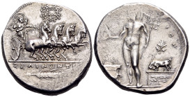 SICILY. Selinos. Circa 410 BC. Tetradrachm (Silver, 29 mm, 17.37 g, 8 h). ΣΕΛΙΝΟΝΤΙΟ[Ν] Persephone and Hades in quadriga to right; Hades holding the r...