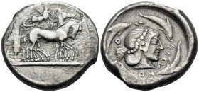 SICILY. Syracuse. Deinomenid Tyranny, 485-466 BC. Tetradrachm (Silver, 26 mm, 17.25 g, 8 h), struck under Hieron I, circa 475-470 BC. Charioteer drivi...