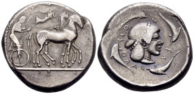 SICILY. Syracuse. Deinomenid Tyranny, 485-466 BC. Tetradrachm (Silver, 25 mm, 17.23 g, 2 h), struck under Hieron I, circa 475-470 BC. Charioteer drivi...