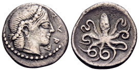 SICILY. Syracuse. Deinomenid Tyranny, 485-466 BC. Litra (Silver, 12.5 mm, 0.87 g, 1 h), circa 467-465 BC. ΣVRΑ Head of Arethusa to right, wearing a pe...