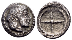 SICILY. Syracuse. Deinomenid Tyranny, 485-466 BC. Obol (Silver, 9.5 mm, 0.64 g). Diademed head of Arethusa to right. Rev. Wheel with four spokes. Boeh...