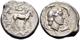 SICILY. Syracuse. Second Democracy, 466-405 BC. Tetradrachm (Silver, 28.5 mm, 16.75 g, 10 h), circa 466-460 BC. Charioteer driving quadriga walking to...