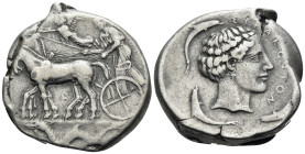 SICILY. Syracuse. Second Democracy, 466-405 BC. Tetradrachm (Silver, 26 mm, 17.05 g, 12 h), struck circa 440-430. Charioteer driving quadriga to left,...