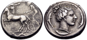 SICILY. Syracuse. Second Democracy, 466-405 BC. Tetradrachm (Silver, 26 mm, 17.21 g, 12 h), circa 440-430. Charioteer driving fast quadriga to left, h...