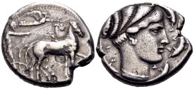SICILY. Syracuse. Second Democracy, 466-405 BC. Tetradrachm (Silver, 26 mm, 17.20 g, 6 h), circa 430-420. Charioteer driving quadriga to right, holdin...