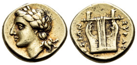 SICILY. Syracuse. Agathokles, 317-289 BC. 25 Litrai (Electrum, 12 mm, 1.87 g, 12 h). Laureate head of Apollo to left. Rev. ΣΥΡAK-OΣIΩN Kithara. HGC 2,...
