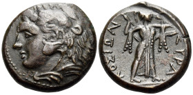 SICILY. Syracuse. Pyrrhos, 278-276 BC. (Bronze, 22 mm, 10.37 g, 12 h). Head of Harakles to left, wearing lion skin headdress. Rev. ΣYPA-KOΣIΩN Athena ...
