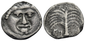 SICILY, Siculo-Punic. Motya. 415-397 BC. Litra (Silver, 7.5 mm, 0.67 g, 8 h). Facing gorgoneion. Rev. In Punic letters MT-[V'] palm tree. HGC 2, 936. ...