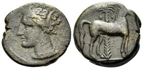ZEUGITANA. Carthage. Circa 340-320 BC. (Bronze, 16 mm, 3.31 g, 12 h). Head of Tanit to left, wearing wreath of grain ears and triple-pendant earring. ...
