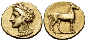 ZEUGITANA. Carthage. Circa 320-310 BC. Stater (Electrum, 19 mm, 7.37 g, 1 h). Head of Tanit to left, wearing wreath of grain ears, triple-pendant earr...