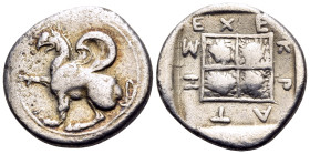THRACE. Abdera. Circa 411/0-386/5 BC. Tetrobol (Silver, 16 mm, 2.59 g, 6 h), struck under the magistrate Echekrates. Griffin seated to left, raising r...
