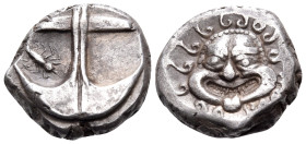 THRACE. Apollonia Pontika. late 5th-4th centuries BC. Drachm (Silver, 13 mm, 3.27 g, 3 h). Gorgoneion facing, with protruding tongue. Rev. Inverted an...