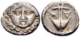 THRACE. Apollonia Pontika. mid 4th century BC. Drachm (Silver, 15 mm, 2.76 g, 11 h). Gorgoneion facing, with protruding tongue. Rev. A Inverted anchor...