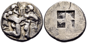 ISLANDS OFF THRACE, Thasos. Circa 480-463 BC. Stater (Silver, 22 mm, 8.28 g). Nude, ithyphallic satyr rushing to right in the archaic kneeling-running...