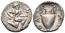 ISLANDS OFF THRACE, Thasos. Circa 411-340 BC. Trihemiobol (Silver, 12.5 mm, 0.83 g, 11 h). Satyr kneeling to right, his head turned slightly facing fr...