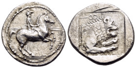 KINGS OF MACEDON. Perdikkas II, 451-413 BC. Tetrobol (Silver, 16.5 mm, 2.40 g, 3 h), Aigai(?). Rider, wearing kausia, on horse leaping to right, holdi...