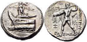 KINGS OF MACEDON. Demetrios I Poliorketes, 306-283 BC. Tetradrachm (Silver, 28 mm, 16.60 g, 11 h), Pella, circa 294-293. Nike standing to left on prow...