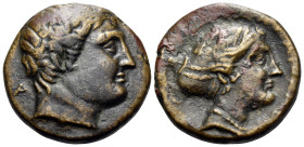 THESSALY. Phalanna. 3rd century BC. (Bronze, 17.5 mm, 4.46 g, 1 h). Male head to right; behind, A. Rev. [ΦΑΛΑΝΝAΙΩN] or similar Head of nymph to right...