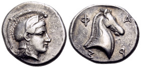 THESSALY. Pharsalos. Mid-late 5th century BC. Hemidrachm (Silver, 15 mm, 3.00 g, 11 h). Head of Athena to right, wearing crested Attic helmet. Rev. Φ-...