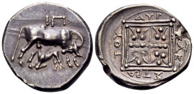 ILLYRIA. Dyrrhachion. Circa 229-100 BC. Drachm (Silver, 17.5 mm, 3.41 g, 3 h), struck under the magistrates Hip- and Klestratos. ΙΠ Cow standing to ri...