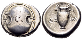 BOEOTIA. Thebes. 379-368 BC. (Silver, 21 mm, 12.13 g, 7 h), struck under the magistrate Daim-. Boeotian shield. Rev. ΔΑ-ΙΜ Amphora. BCD Boiotia 523. H...