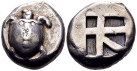 ISLANDS OFF ATTICA, Aegina. Circa 480-457 BC. Stater (Silver, 21 mm, 12.23 g). Sea turtle, head in profile, seen from above, with a T-shaped design of...