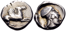 CORINTHIA. Corinth. Circa 500-450 BC. Stater (Silver, 19 mm, 8.41 g, 3 h). Ϙ Pegasos, bridled and with curved wings, flying to right. Rev. Head of Ath...