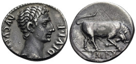 Augustus, 27 BC-AD 14. Denarius (Silver, 18 mm, 3.80 g, 8 h), Lugdunum, 15-13 BC. AVGVSTVS DIVI • F Bare head of Augustus to right. Rev. IMP • X Bull ...
