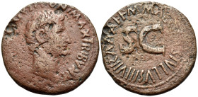 Augustus, 27 BC - 14 AD. As (Bronze, 28 mm, 9.64 g, 3 h), Rome, struck under the moneyer M. Maecilius Tullus, 7 BC. [CAESAR AV]GVST PONT MAX TRIBVNIC ...