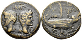 Augustus, with Agrippa, 27 BC-AD 14. As (Bronze, 26.5 mm, 12.96 g, 11 h), Nemausus, 10-14. IMP / [DIVI F] /[P]-P Heads of Agrippa (left) and Augustus ...