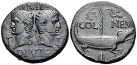 Augustus, with Agrippa, 27 BC-AD 14. As (Bronze, 27.5 mm, 12.36 g, 4 h), Nemausus, c. 10-14. IMP / P - P / DIVI F Heads of Agrippa to left and Augustu...