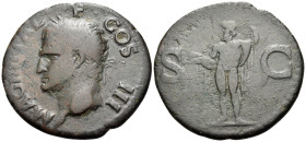 Agrippa, died 12 BC. As (Bronze, 29 mm, 9.30 g, 6 h), Struck under Gaius (Caligula), Rome, 37-41. M AGRIPPA L F COS III Head of Agrippa to left, weari...