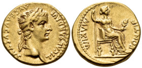 Tiberius, 14-37. Aureus (Gold, 19 mm, 7.66 g, 6 h), "Tribute penny" type, Lugdunum, 18-35. TI CAESAR DIVI AVG F AVGVSTVS Laureate head of Tiberius to ...