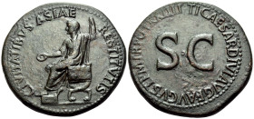 Tiberius, AD 14-37. Sestertius (Orichalcum, 34.5 mm, 27.66 g, 6 h), Rome, 22-23. CIVITATIBVS ASIAE RESTITVTIS Tiberius, togate, seated to left on curu...