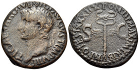 Tiberius, AD 14-37. As (Bronze, 27.5 mm, 10.24 g, 8 h), Rome, 36-37. TI CAESAR DIVI AVG F AVGVST IMP VIII Bare head of Tiberius to left. Rev. PONTIF M...