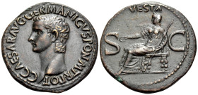 Gaius (Caligula), 37-41. As (Bronze, 28 mm, 11.78 g, 6 h), Rome, 37-38. C CAESAR AVG GERMANICVS PON M TR POT Bare head of Gaius to left. Rev. VESTA / ...
