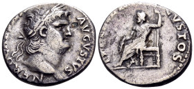 Nero, 54-68. Denarius (Silver, 17 mm, 3.07 g, 6 h), Rome, 64-65. NERO CAESAR AVGVSTVS Laureate head of Nero to right. Rev. IVPPITER CVSTOS Jupiter sea...