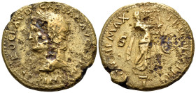 Nero, AD 54-68. As (Bronze, 25 mm, 8.28 g, 6 h), Lugdunum, 64-67. NERO CLAVD CAESAR AVG GERMANIC Laureate head of Nero to left. Rev. PONTIF MAX TR POT...
