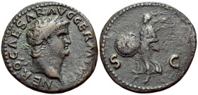 Nero, 54-68 AD. As (Bronze, 28.5 mm, 9.45 g, 6 h), Rome, 65. NERO CAESAR AVG GERM IM[P] Laureate head of Nero to right. Rev. S-C Victory moving to lef...