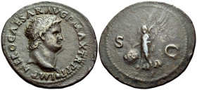 Nero, 54-68 AD. As (Bronze, 34 mm, 10.89 g, 6 h), Lugdunum, 66-67. IMP NERO CAESAR AVG P MAX TR P P P Bare head of Nero to right, with globe at point ...